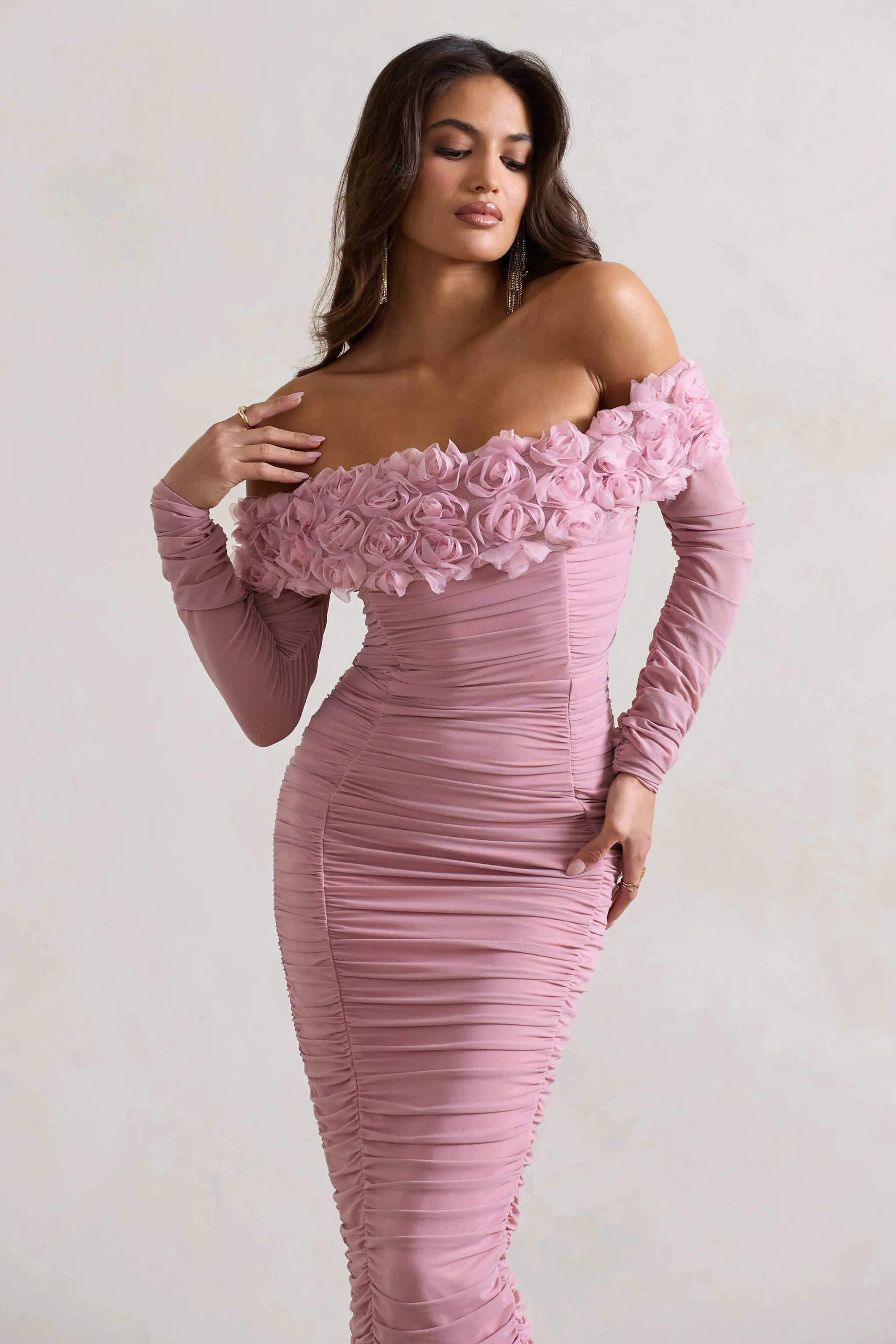 Sierra | Pink Mesh Ruched Floral Bardot Lace-Up Midi Dress