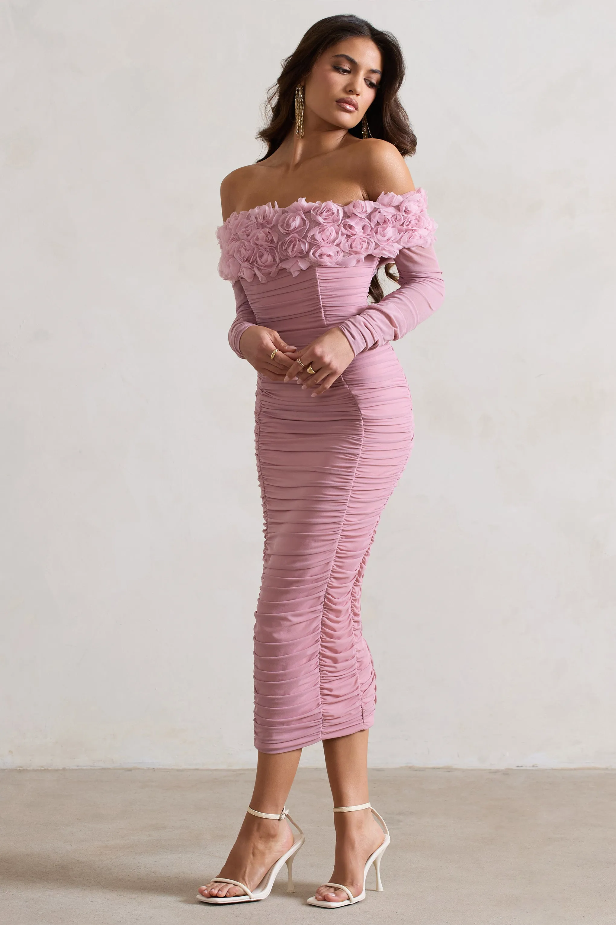 Sierra | Pink Mesh Ruched Floral Bardot Lace-Up Midi Dress