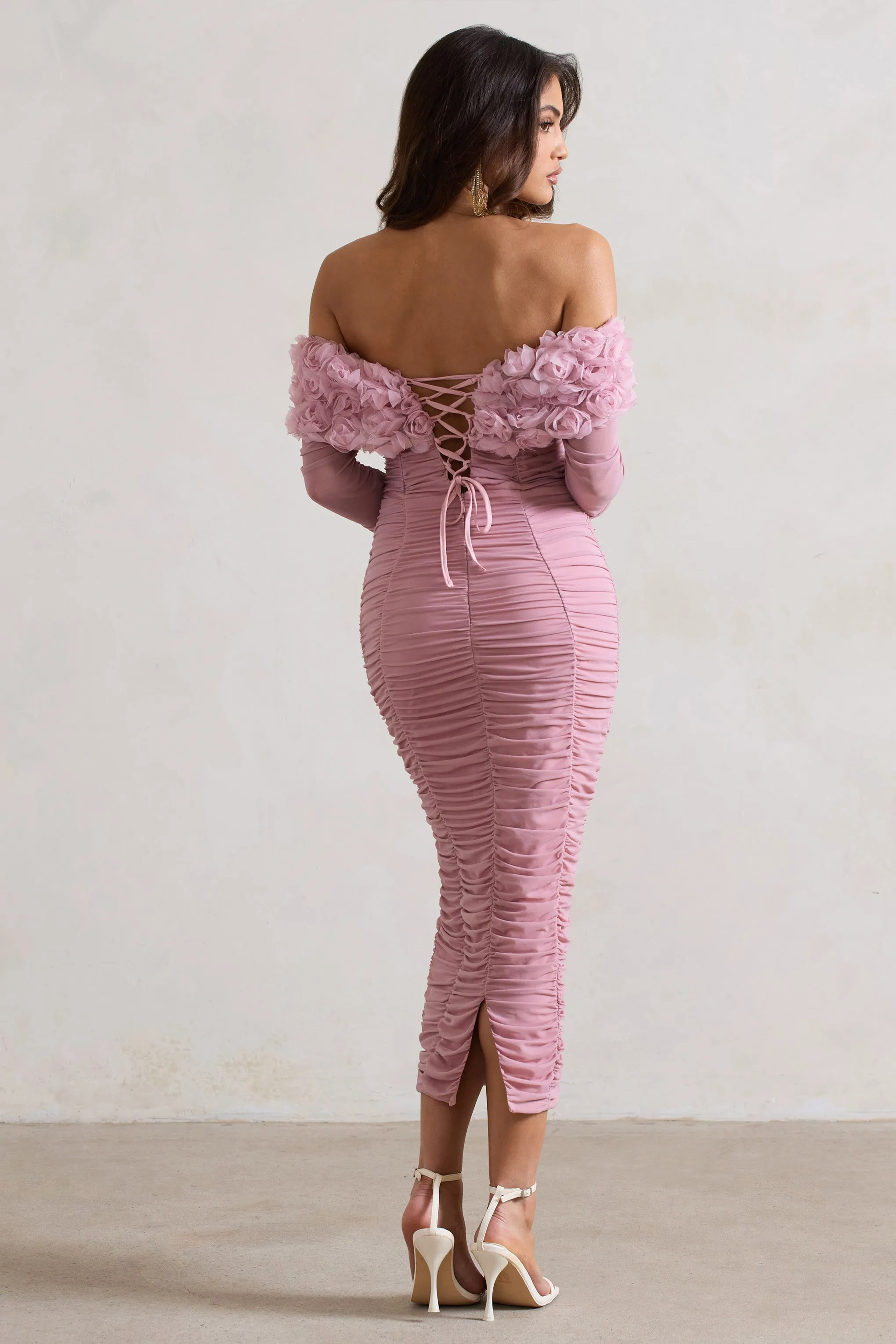 Sierra | Pink Mesh Ruched Floral Bardot Lace-Up Midi Dress