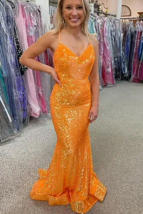 Sparkle Orange Sequin Mermaid Long Formal Dress Prom Gown