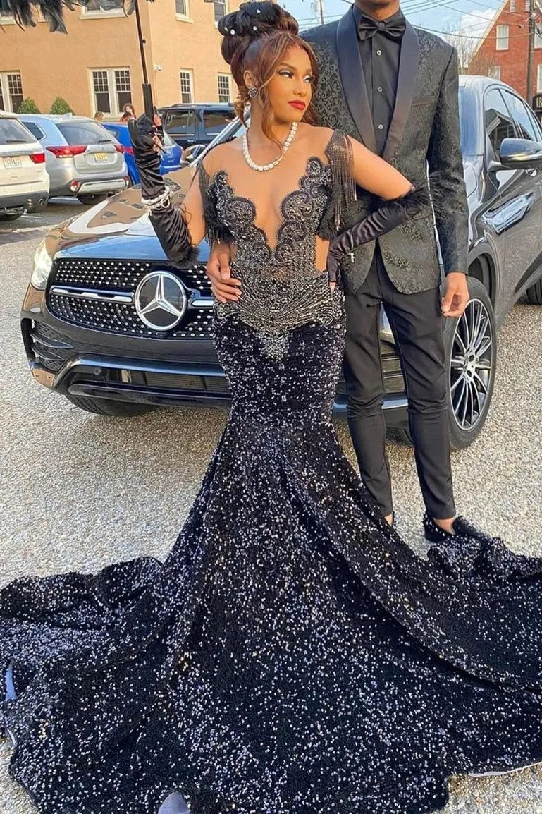 Sparkly Black Sequined Mermaid Long Prom Dresses with Crystal