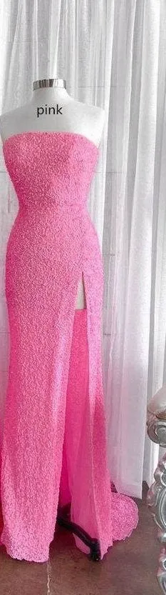 Strapless Pink Sequins Prom Dress with Slit,Sparkly White Night Dresses Party Event