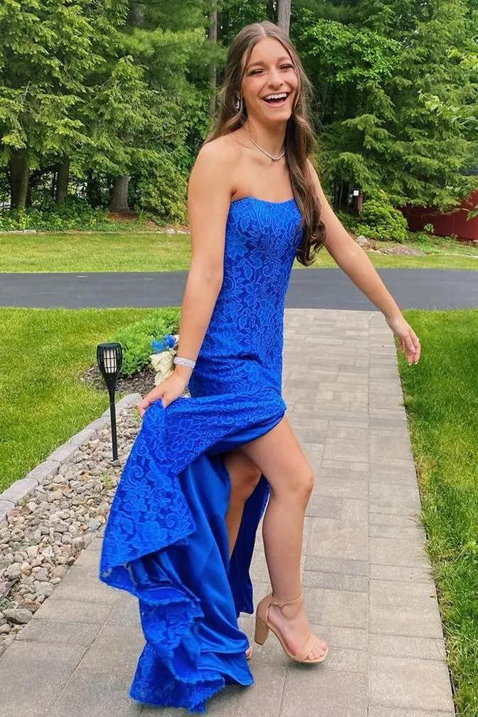 Strapless Royal Blue Lace Prom Dress with Slit,Mermaid Formal Evening Gown