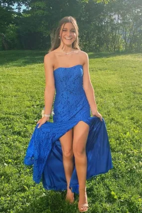 Strapless Royal Blue Lace Prom Dress with Slit,Mermaid Formal Evening Gown