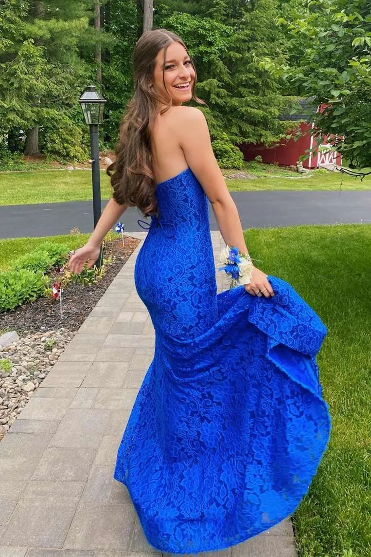 Strapless Royal Blue Lace Prom Dress with Slit,Mermaid Formal Evening Gown