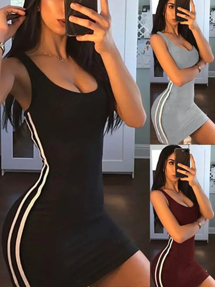 Stripe Backless Sleeveless Deep V-Neck Bodycon Sports Women's Mini Dresses