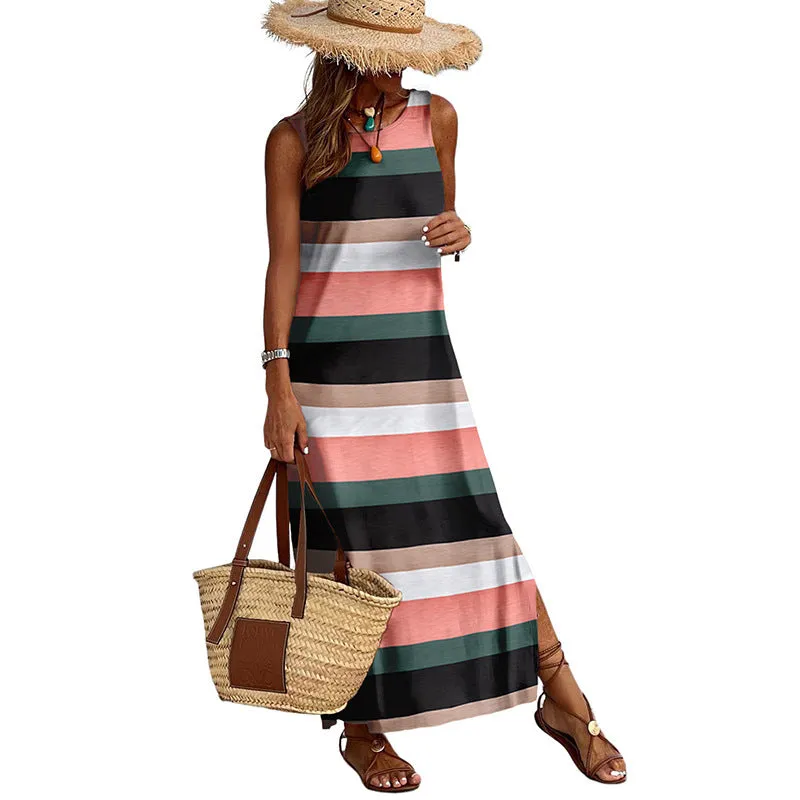 Striped Floral Print Sleeveless Bodycon Maxi Dress