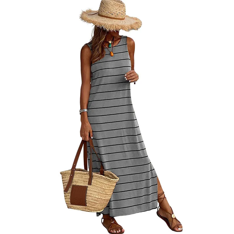 Striped Floral Print Sleeveless Bodycon Maxi Dress