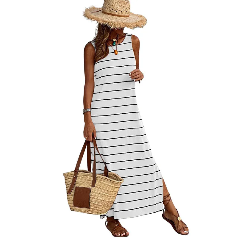 Striped Floral Print Sleeveless Bodycon Maxi Dress