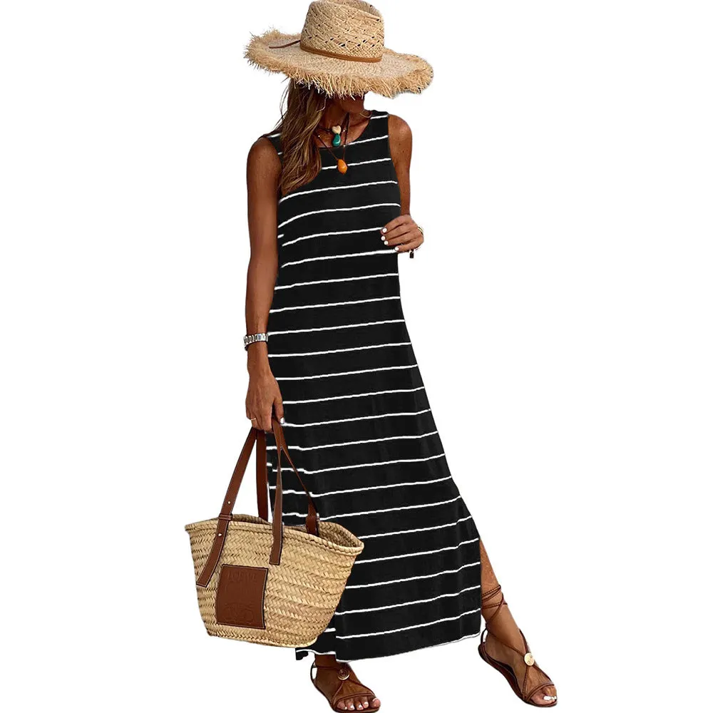 Striped Floral Print Sleeveless Bodycon Maxi Dress