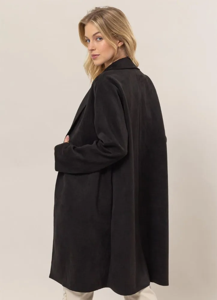 Suede Open Front Coat in Black by Hyfve