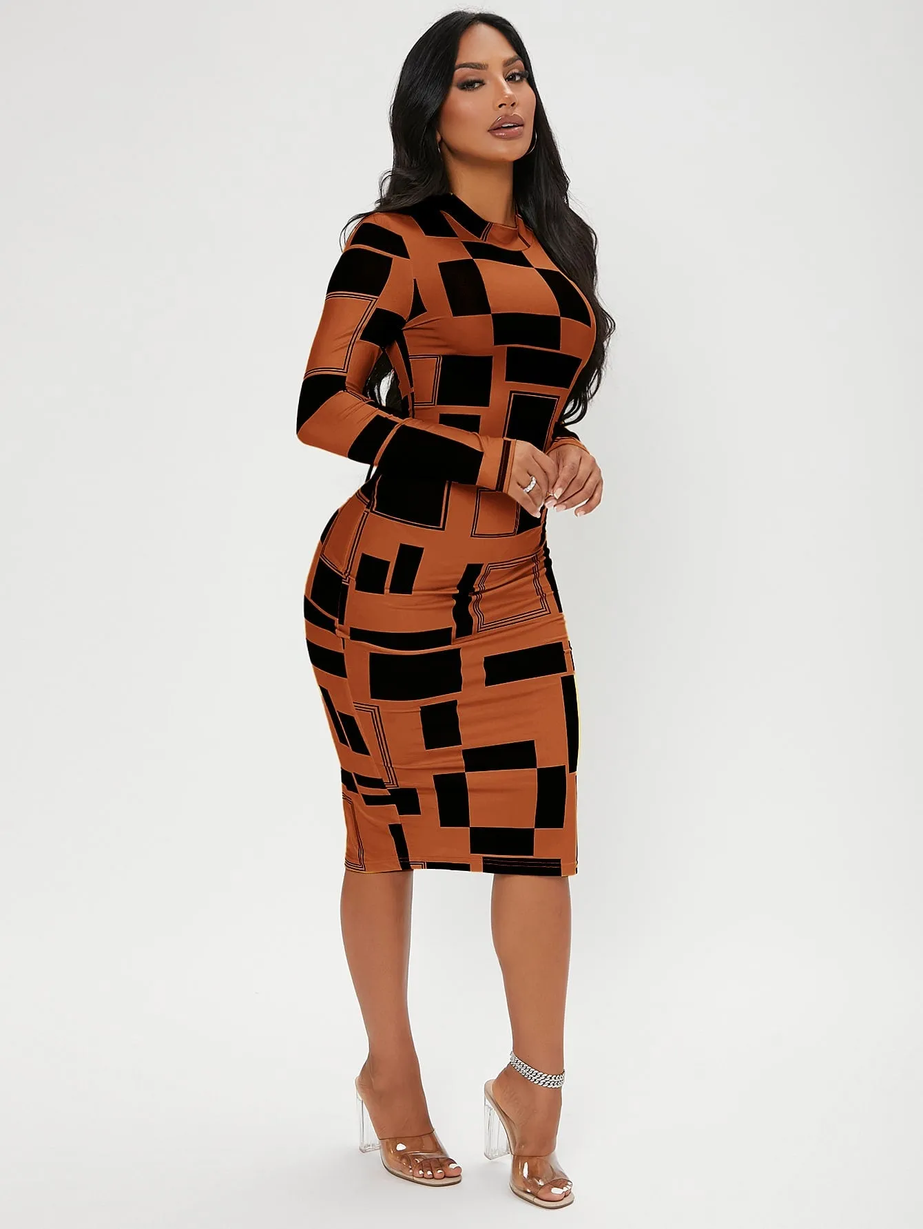 SXY Geo Print Mock Neck Bodycon Dress