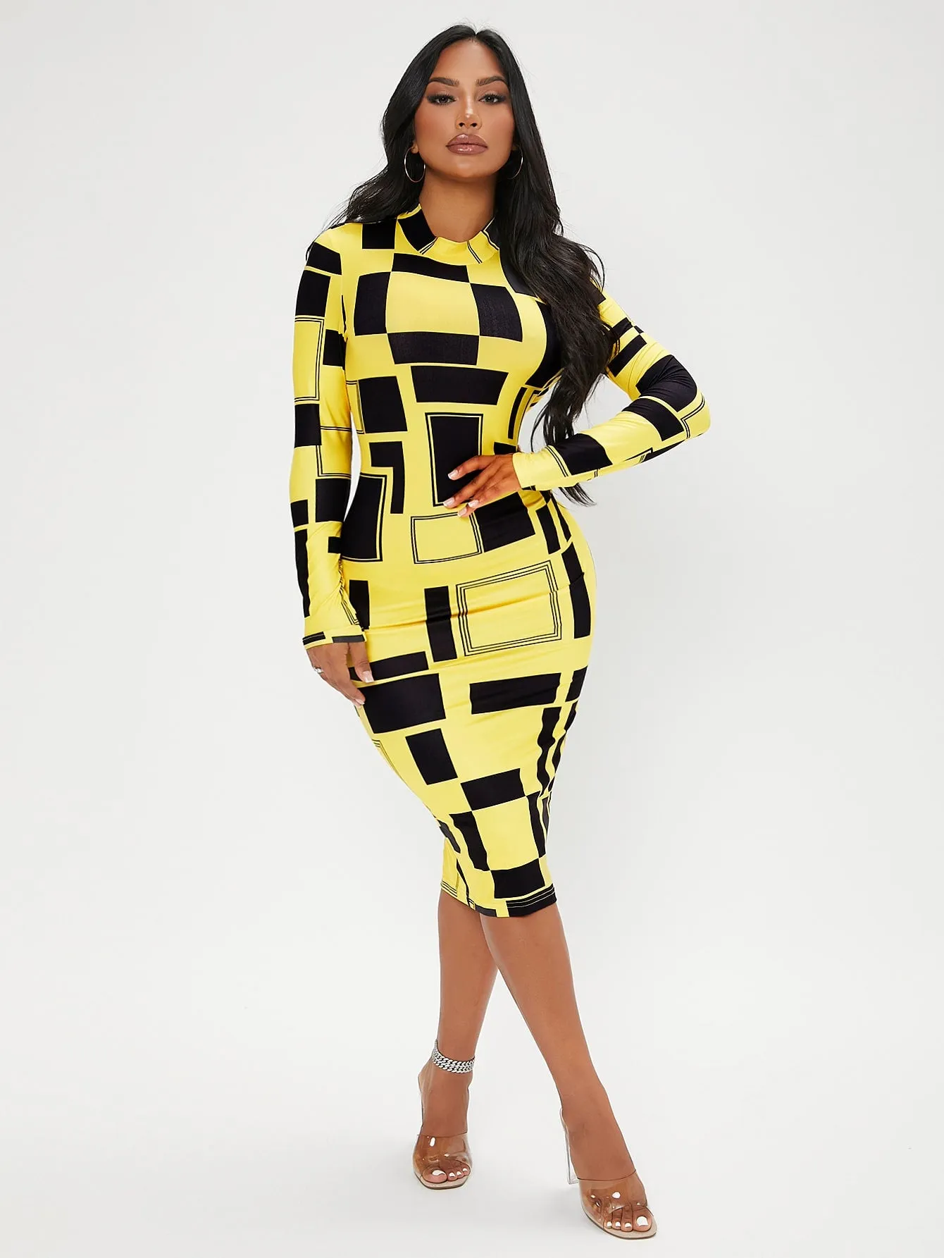 SXY Geo Print Mock Neck Bodycon Dress