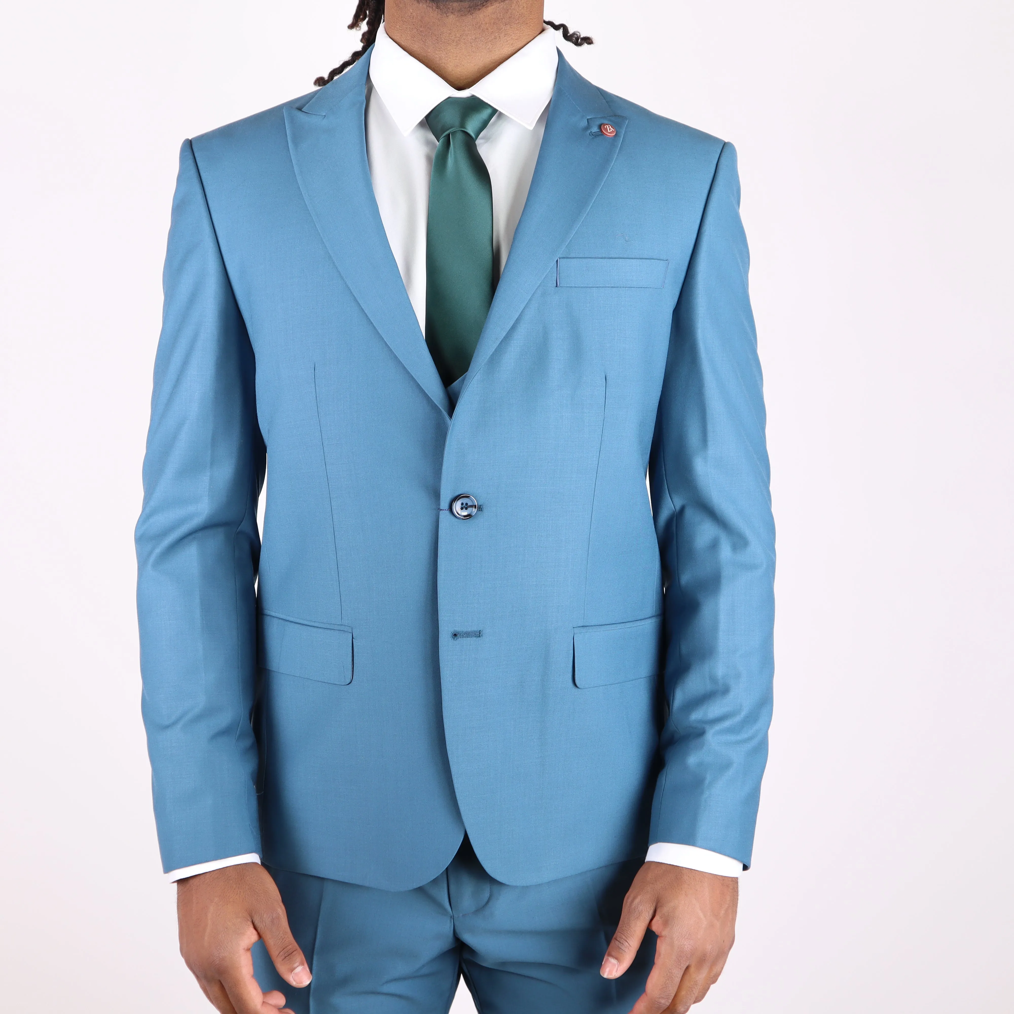 Teal Avanti Milano Peak Lapel Double Breasted Vest Three Piece Suit