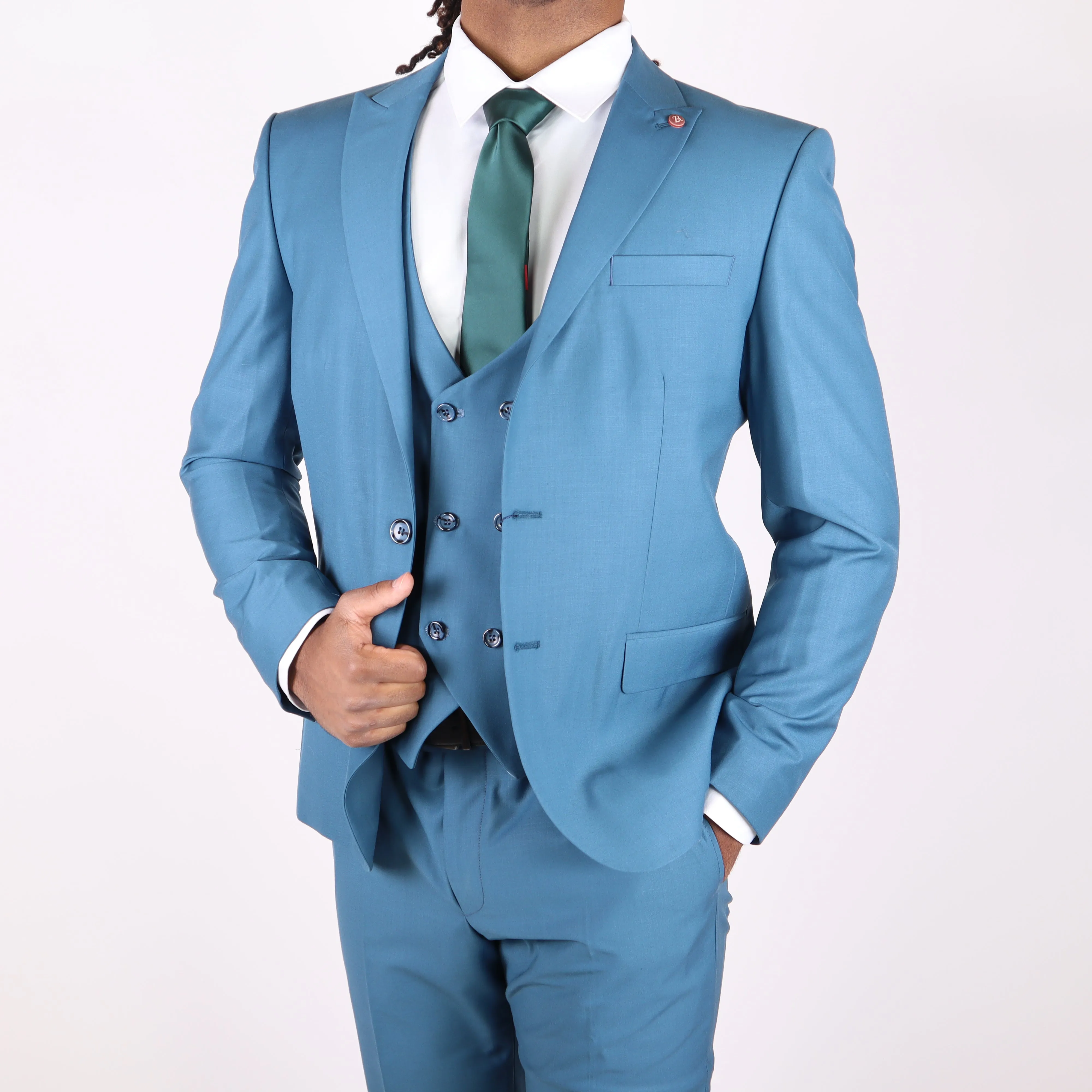 Teal Avanti Milano Peak Lapel Double Breasted Vest Three Piece Suit