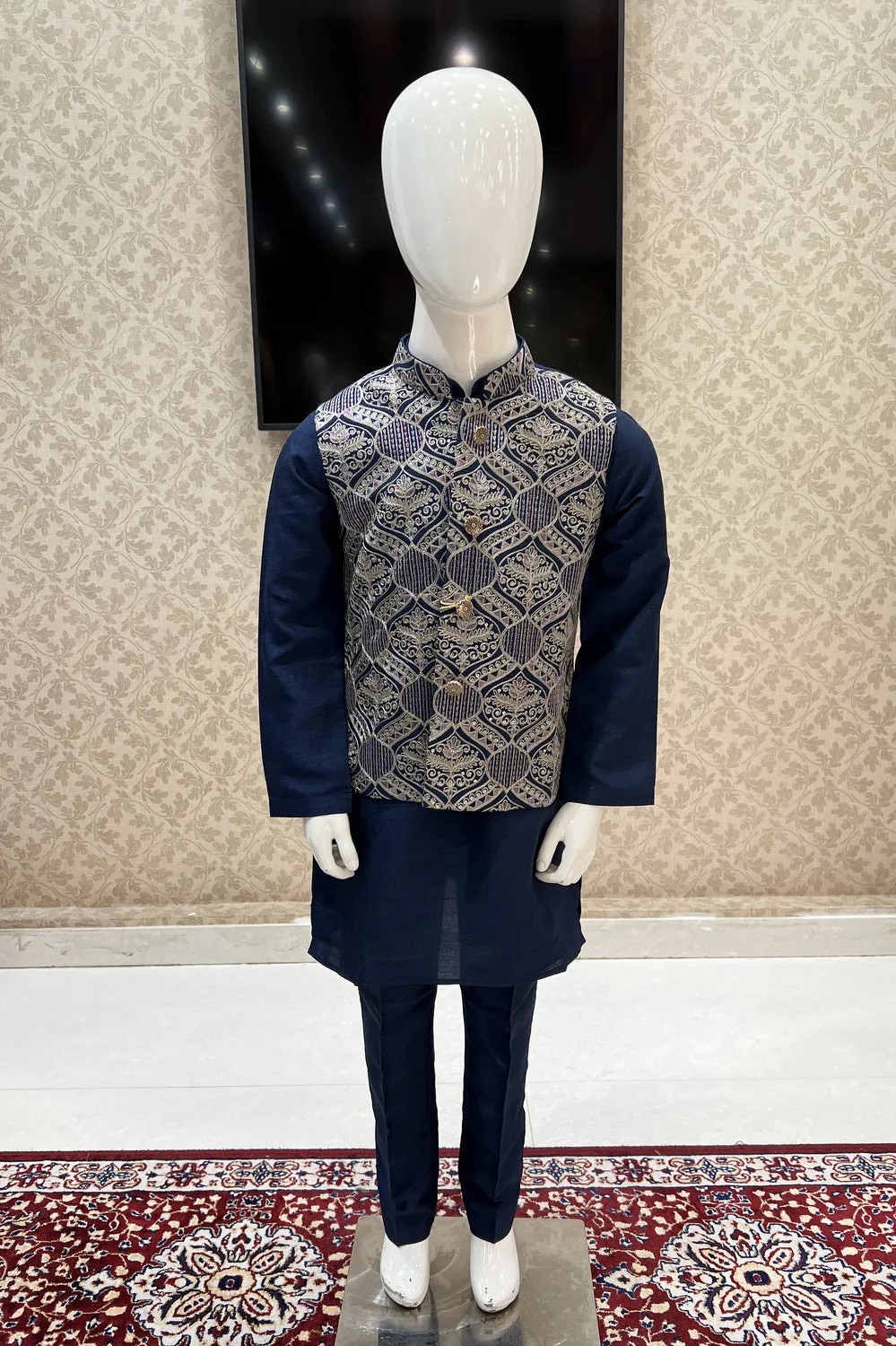 Teal Blue Zari Embroidery, Thread and Sequins work Waist Coat Kurta Set for Boys