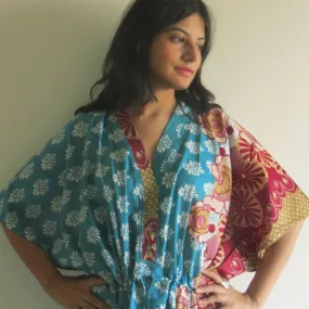 Teal Floral Bordered V-Neck Button Down to Waist, Ankle Length, Cinched Waist Caftan