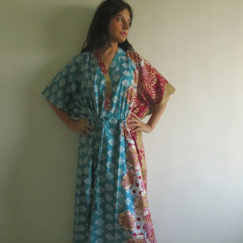 Teal Floral Bordered V-Neck Button Down to Waist, Ankle Length, Cinched Waist Caftan