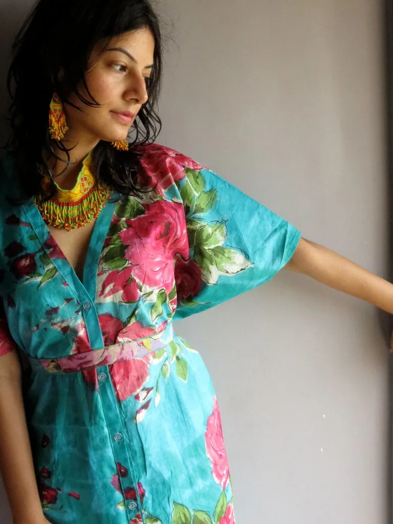 Teal Fuchsia Flowers V-Neck Full Button Down, Knee Length, Belted Caftan-E7 fabric Code