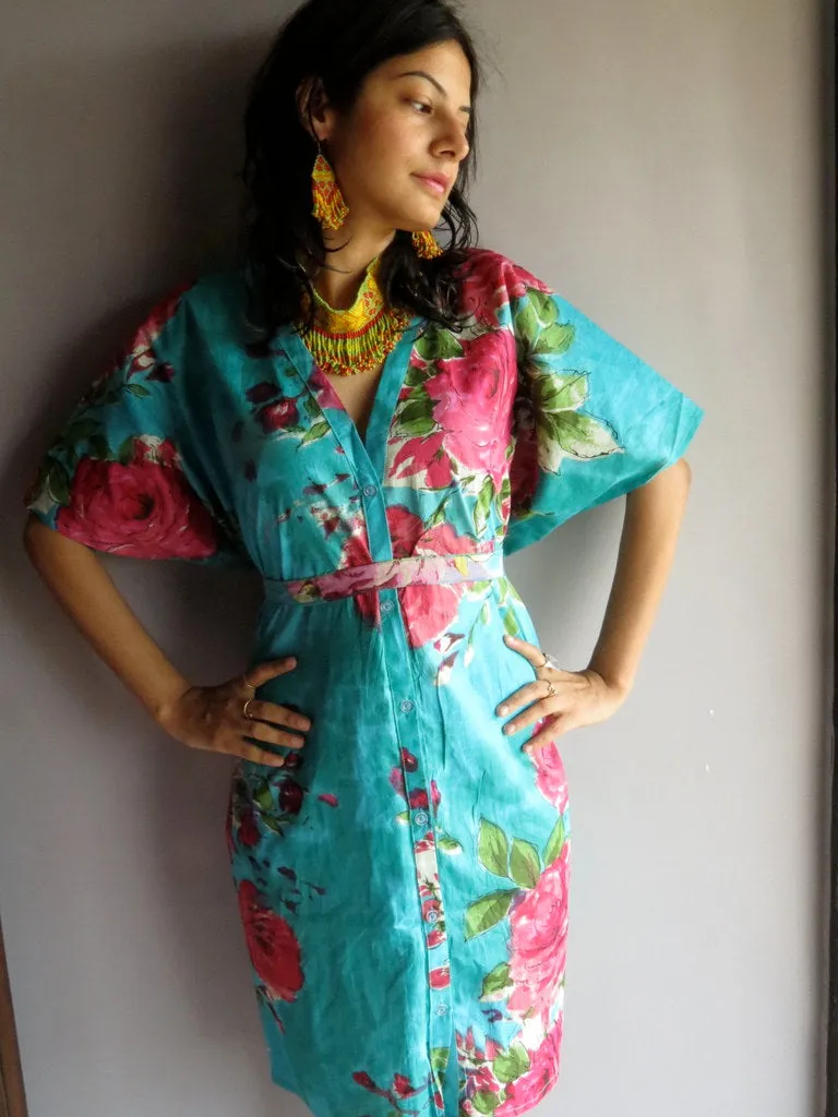 Teal Fuchsia Flowers V-Neck Full Button Down, Knee Length, Belted Caftan-E7 fabric Code