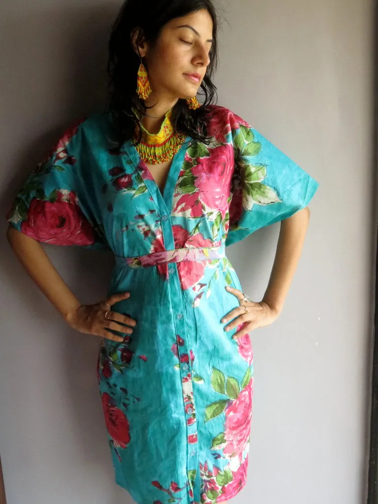 Teal Fuchsia Flowers V-Neck Full Button Down, Knee Length, Belted Caftan-E7 fabric Code