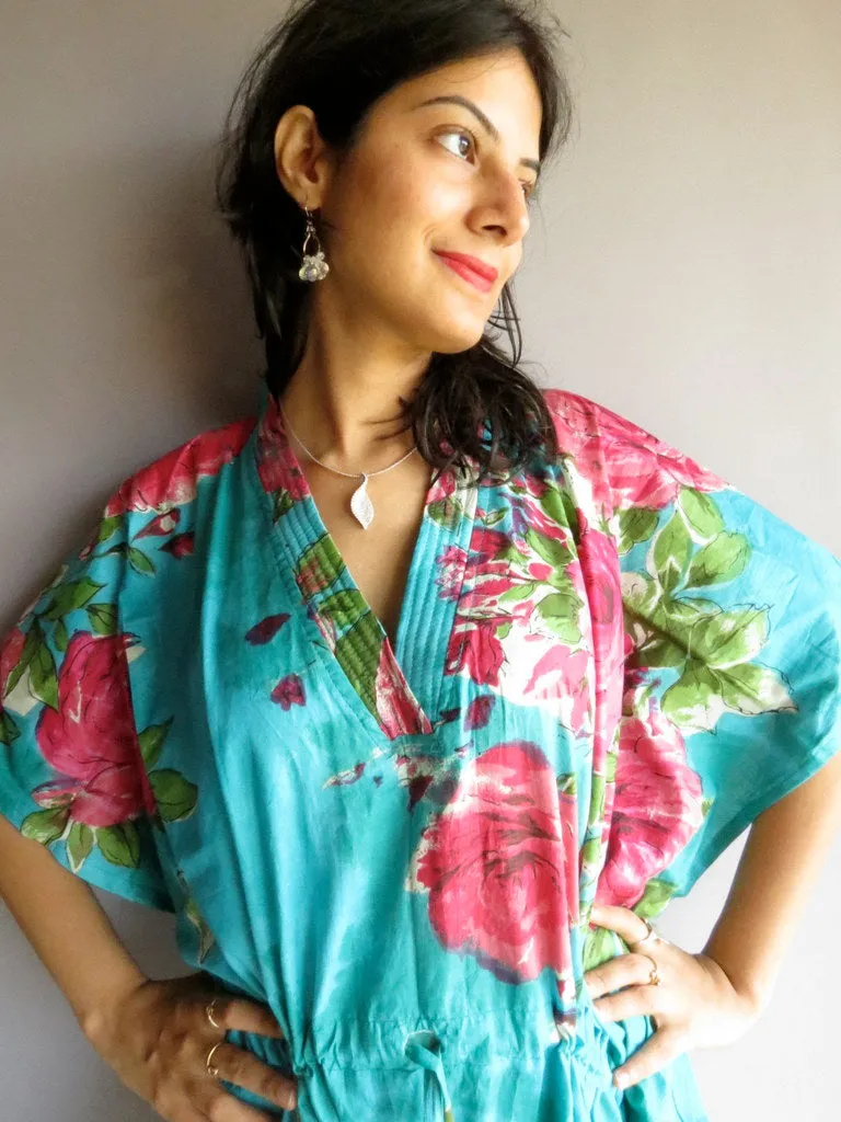 Teal Fuchsia Large Floral Blossom V-Neck, Ankle Length, Cinched Waist Caftan