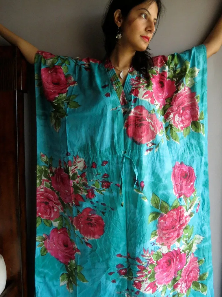 Teal Fuchsia Large Floral Blossom V-Neck, Ankle Length, Cinched Waist Caftan