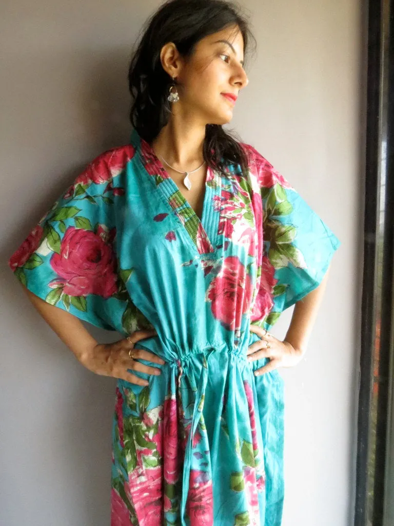 Teal Fuchsia Large Floral Blossom V-Neck, Ankle Length, Cinched Waist Caftan