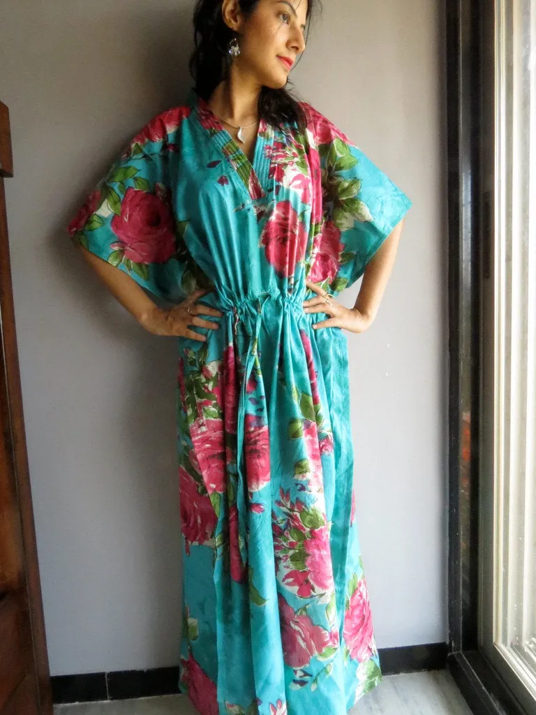 Teal Fuchsia Large Floral Blossom V-Neck, Ankle Length, Cinched Waist Caftan