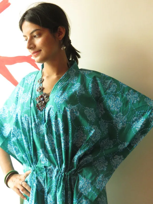 Teal Spiral V-Neck, Ankle Length, Cinched Waist Caftan