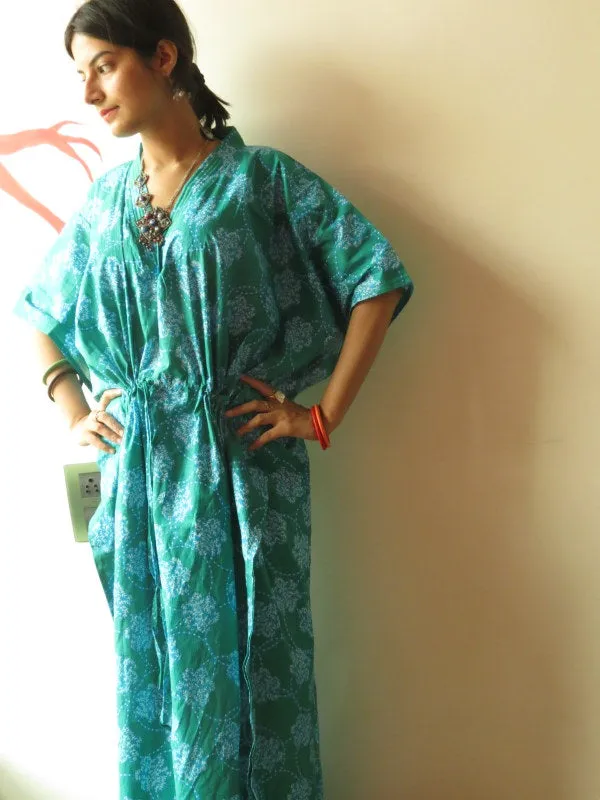 Teal Spiral V-Neck, Ankle Length, Cinched Waist Caftan