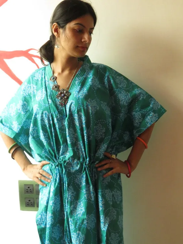 Teal Spiral V-Neck, Ankle Length, Cinched Waist Caftan