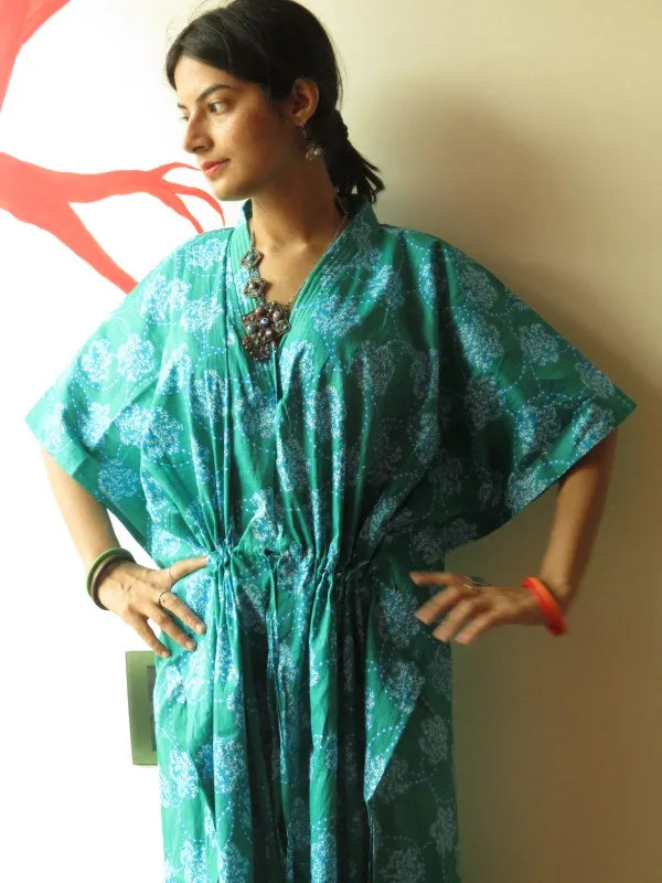 Teal Spiral V-Neck, Ankle Length, Cinched Waist Caftan