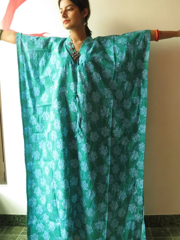 Teal Spiral V-Neck, Ankle Length, Cinched Waist Caftan