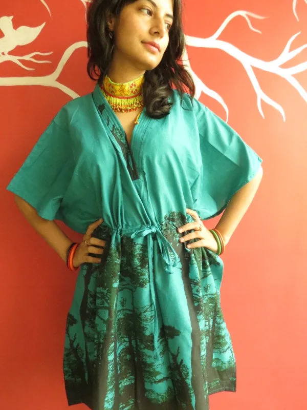 Teal Tree of Life V-Neck, Knee Length, Cinched Waist Caftan