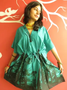 Teal Tree of Life V-Neck, Knee Length, Cinched Waist Caftan