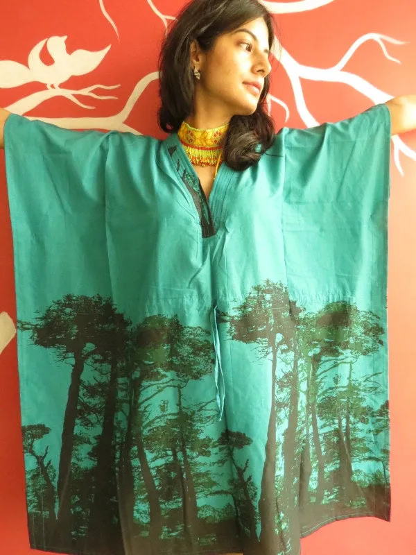 Teal Tree of Life V-Neck, Knee Length, Cinched Waist Caftan