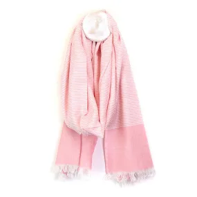 White viscose scarf with fine pink stripes and colour block