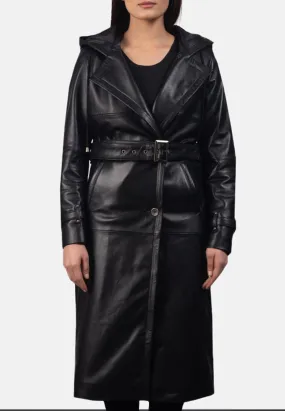 Women's Black Leather Hooded Trench Coat