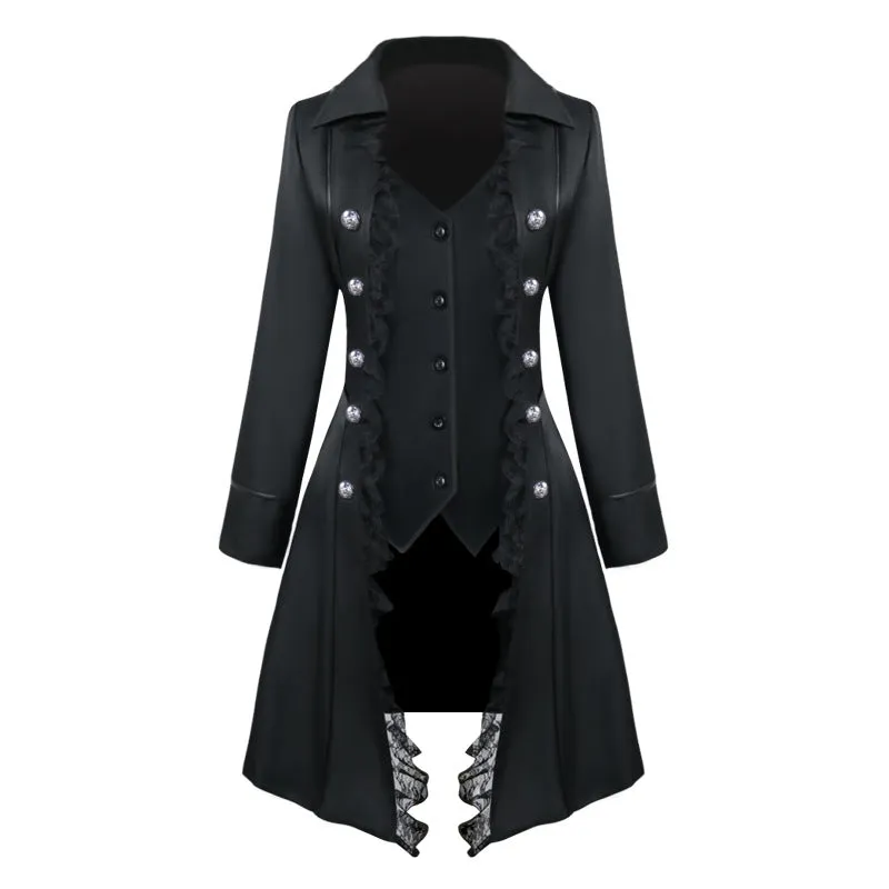 Womens Lace Tailcoat Steampunk Victorian Tail Jacket Long Trench Tuxedo Coat Formal