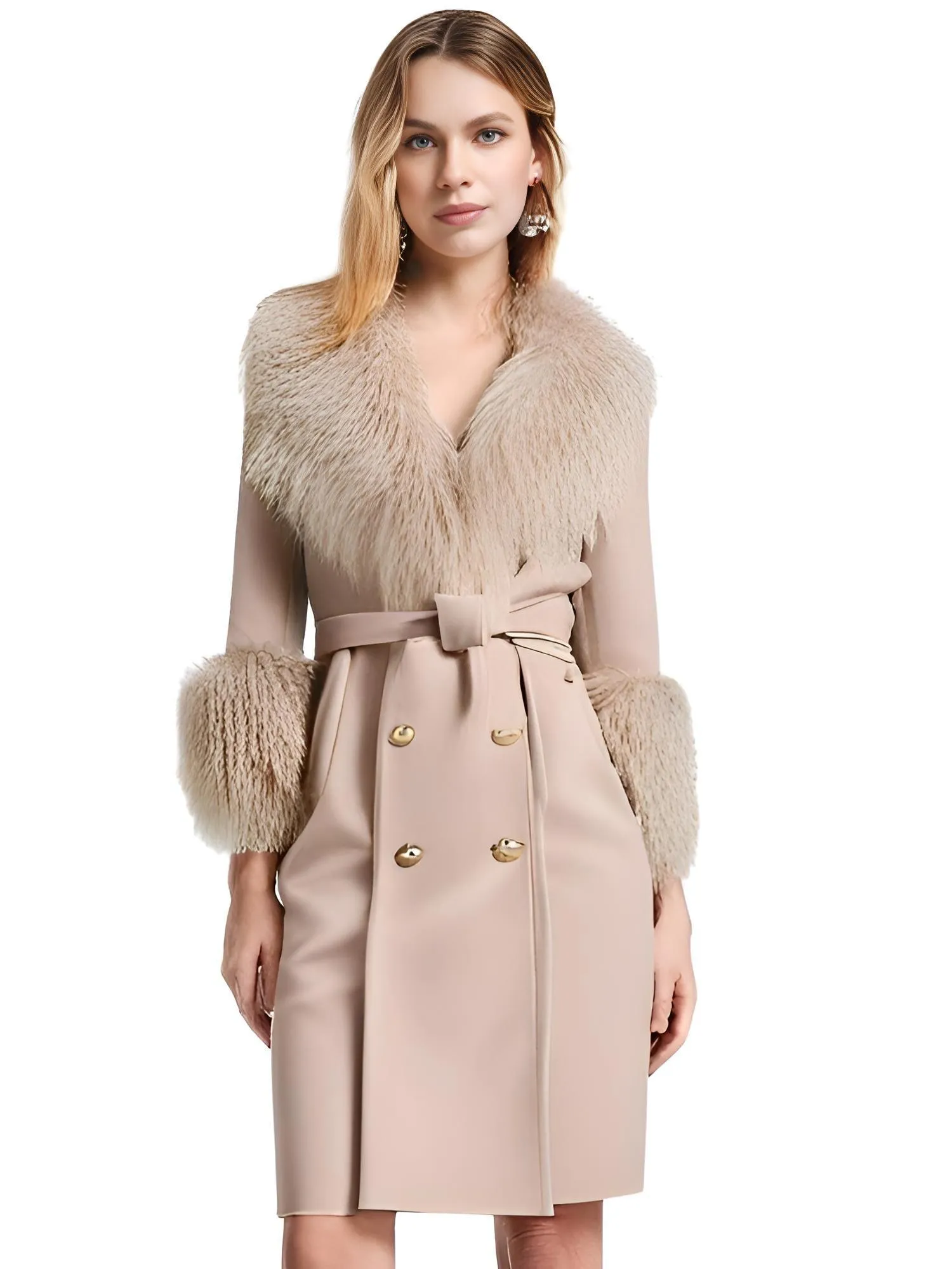 Women's Wool Cashmere Coat With Real Mongolian Sheep Fur Collar and Cuffs Ladies Double Faced Coats Belted Winter Fall Long Coat