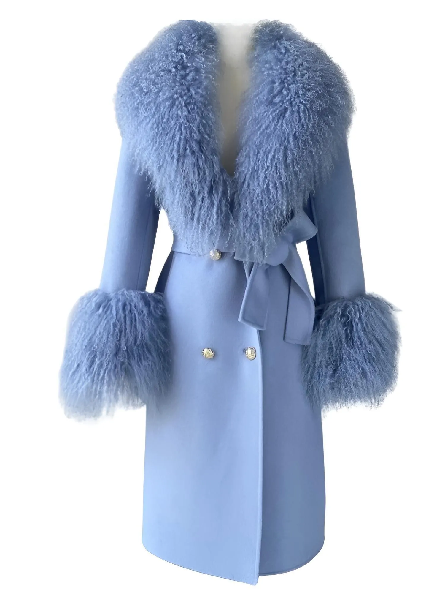 Women's Wool Cashmere Coat With Real Mongolian Sheep Fur Collar and Cuffs Ladies Double Faced Coats Belted Winter Fall Long Coat