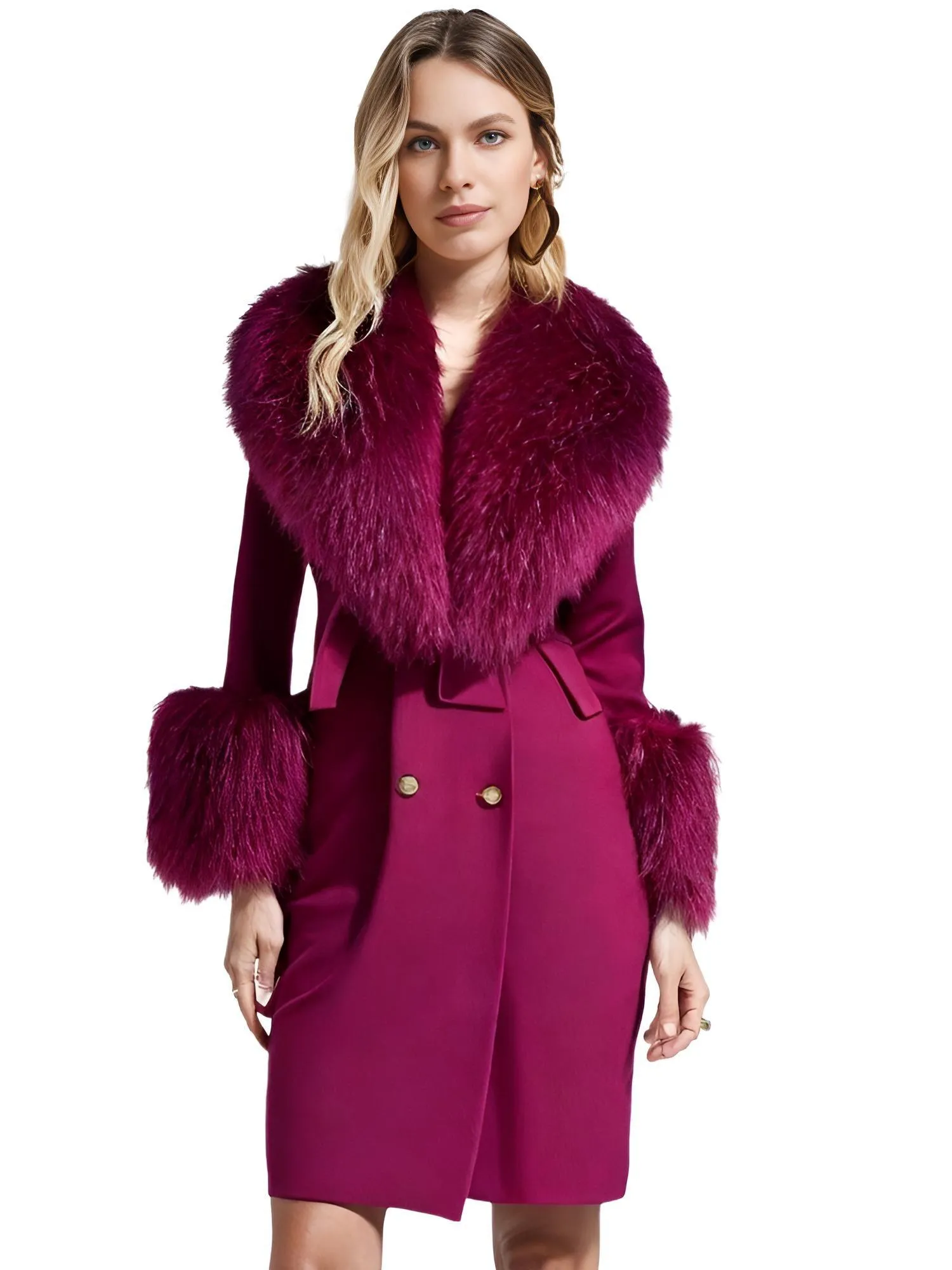 Women's Wool Cashmere Coat With Real Mongolian Sheep Fur Collar and Cuffs Ladies Double Faced Coats Belted Winter Fall Long Coat