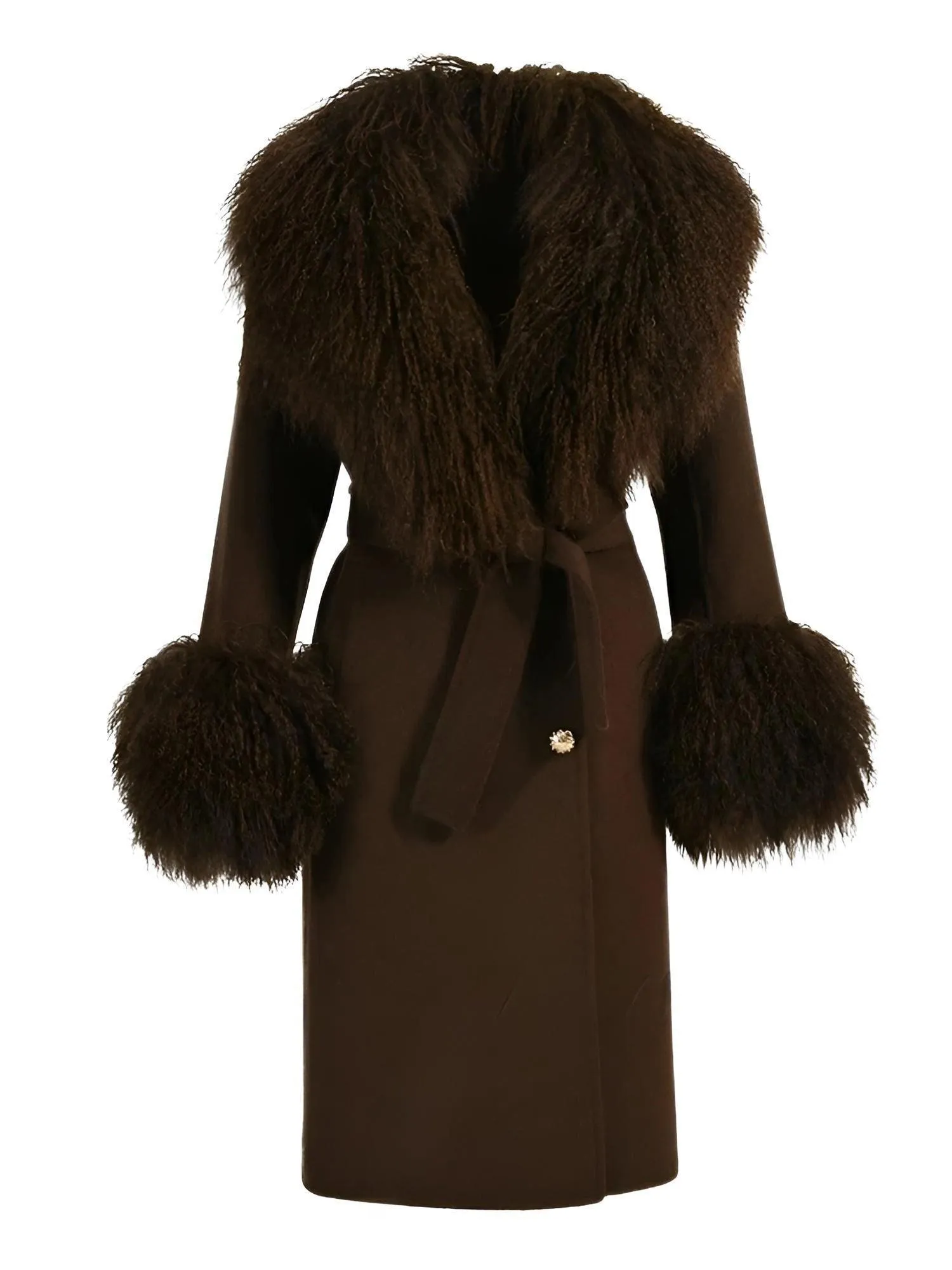 Women's Wool Cashmere Coat With Real Mongolian Sheep Fur Collar and Cuffs Ladies Double Faced Coats Belted Winter Fall Long Coat