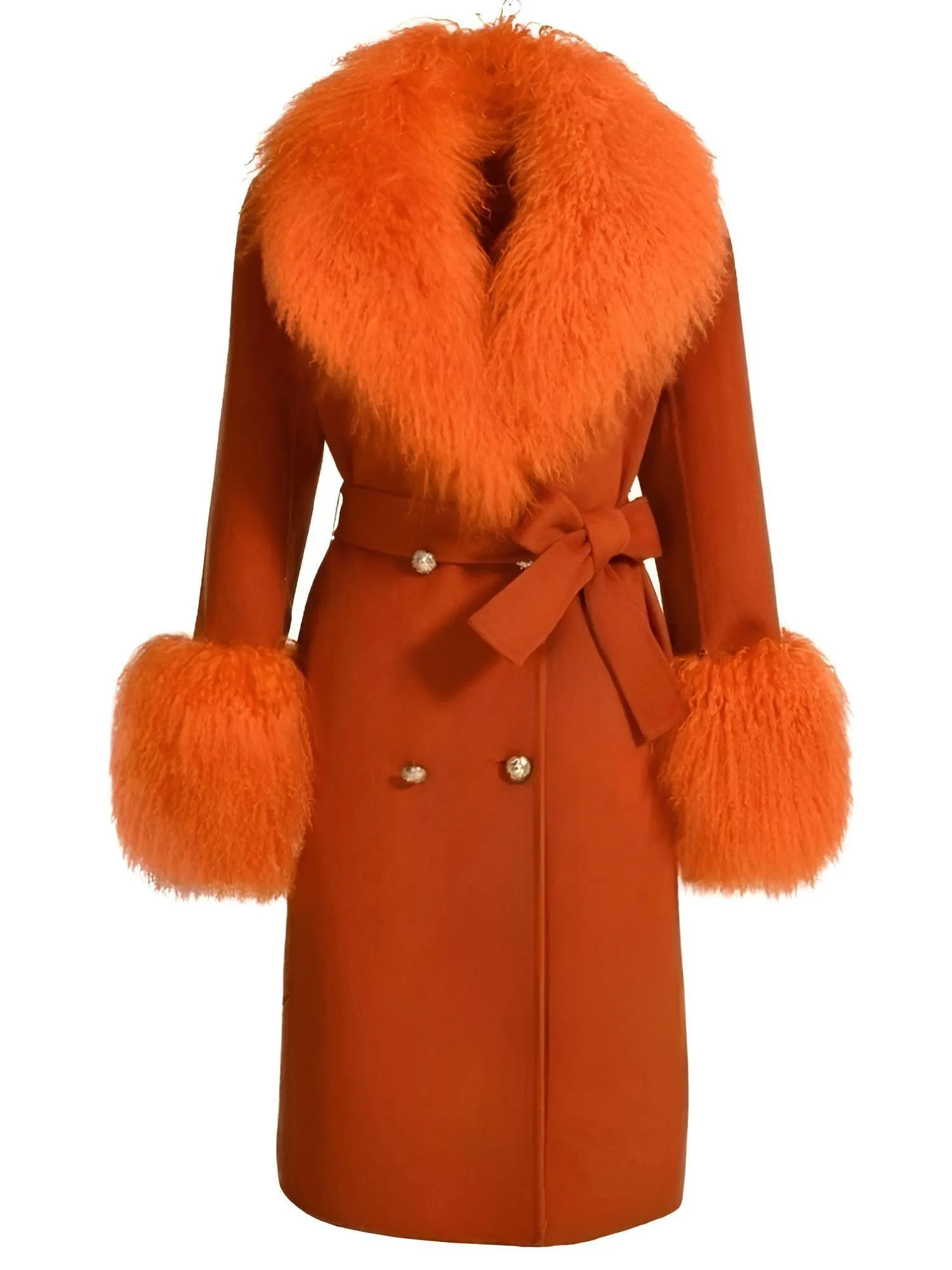 Women's Wool Cashmere Coat With Real Mongolian Sheep Fur Collar and Cuffs Ladies Double Faced Coats Belted Winter Fall Long Coat