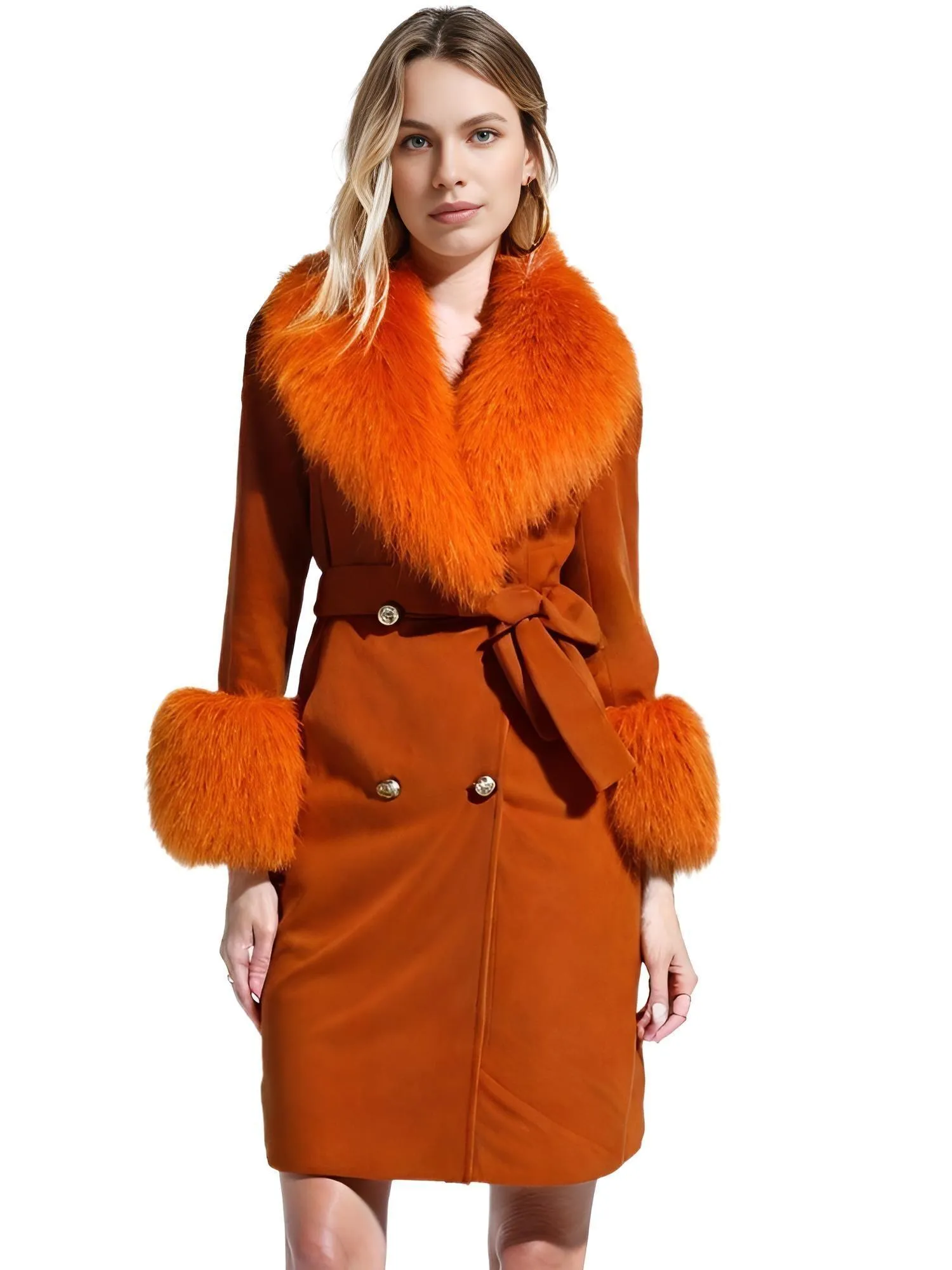 Women's Wool Cashmere Coat With Real Mongolian Sheep Fur Collar and Cuffs Ladies Double Faced Coats Belted Winter Fall Long Coat