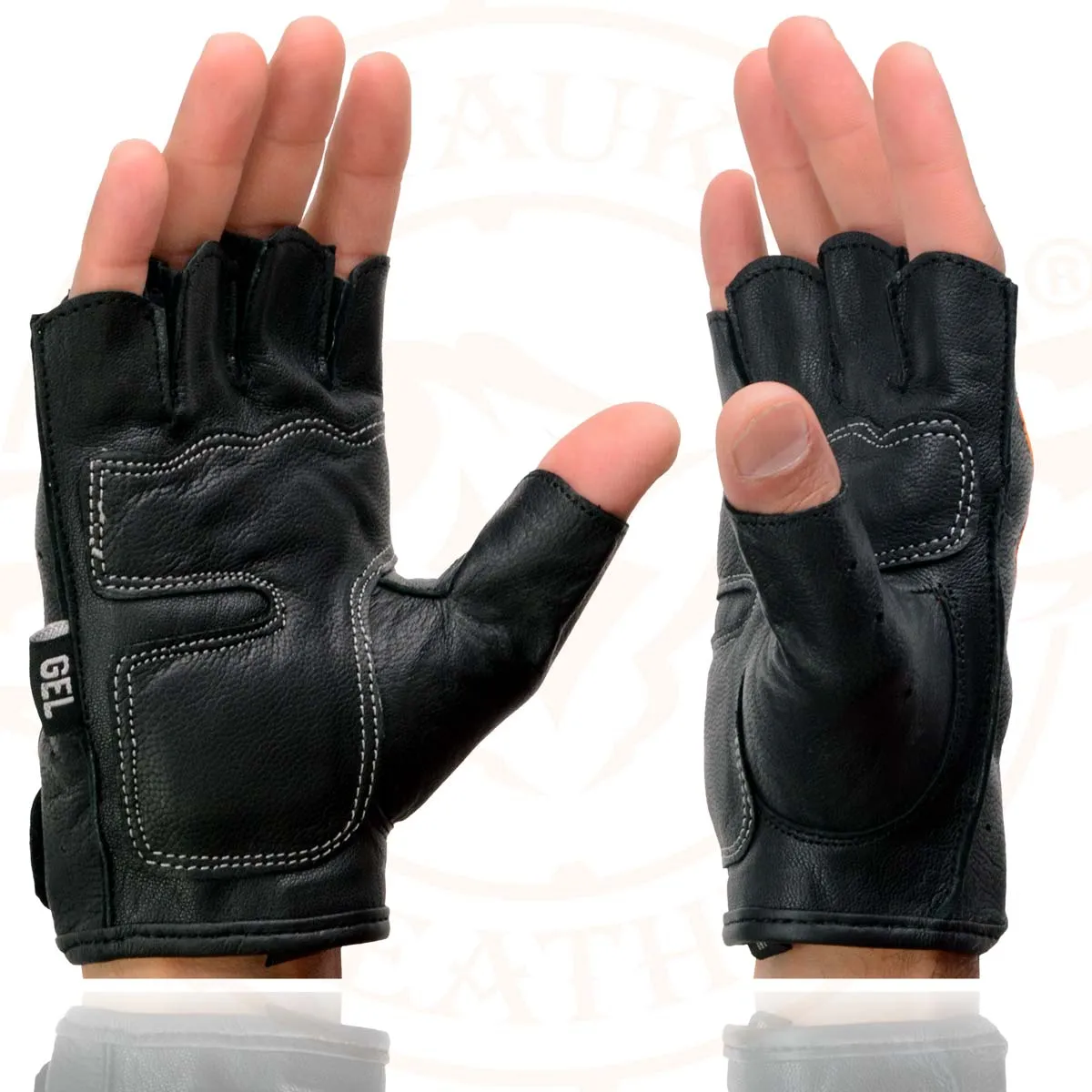 Xelement XG198 Men's Embroidered 'Flamed' Fingerless Black and Orange Motorcycle Leather Gloves