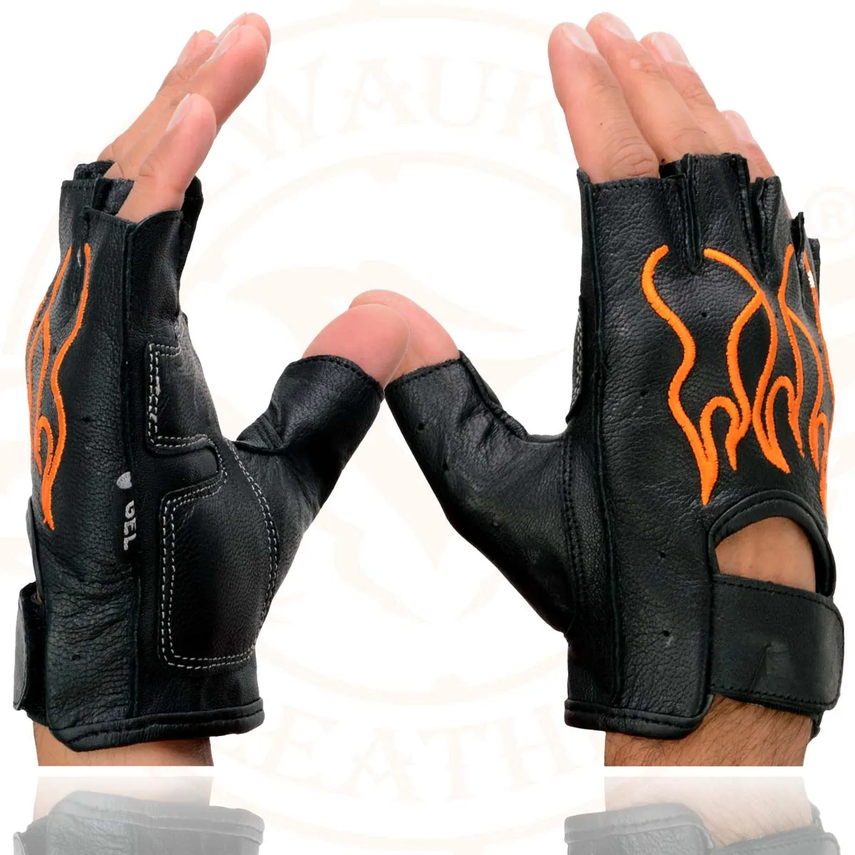 Xelement XG198 Men's Embroidered 'Flamed' Fingerless Black and Orange Motorcycle Leather Gloves