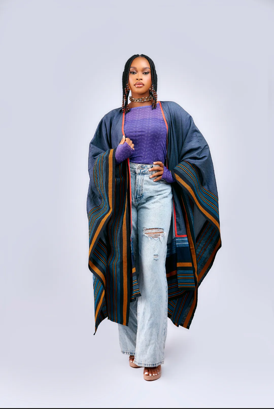 Yagana Denim and Aso oke cape